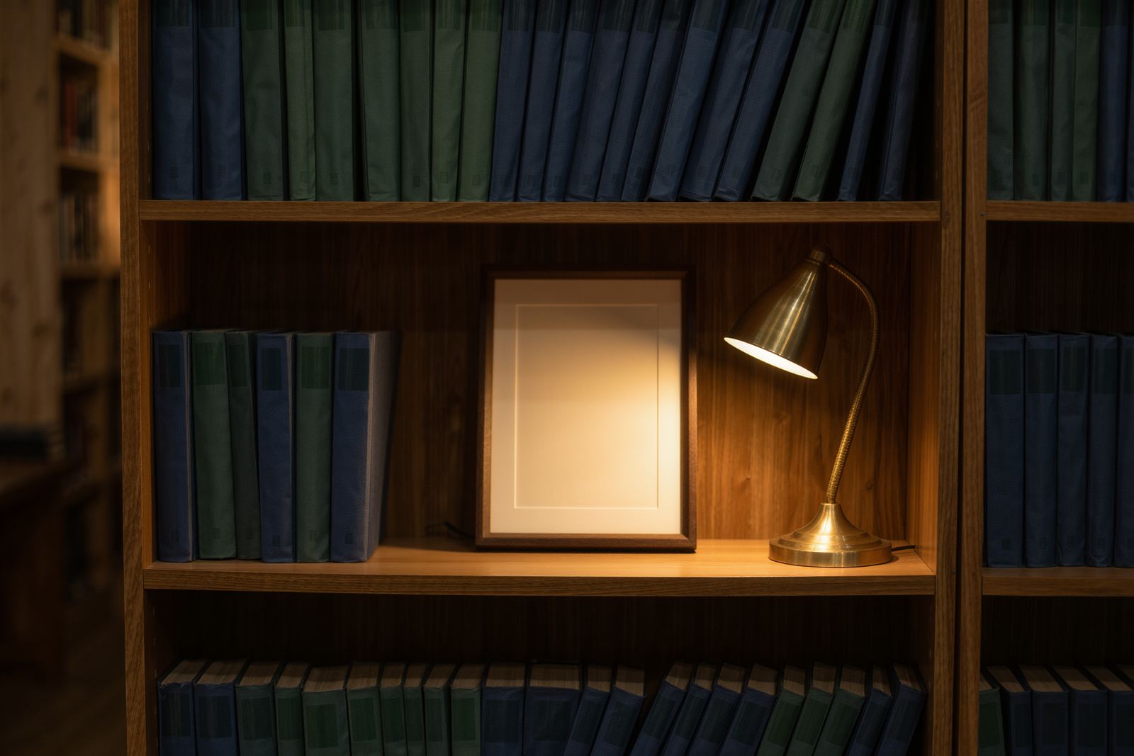 A lit desk lamp and an empty picture frame on a shelf of bound reference volumes