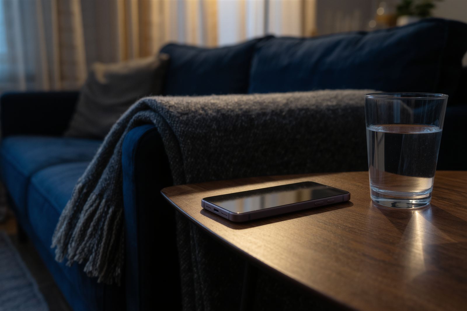 A phone and a glass of water on a side table next to a sofa in evening light