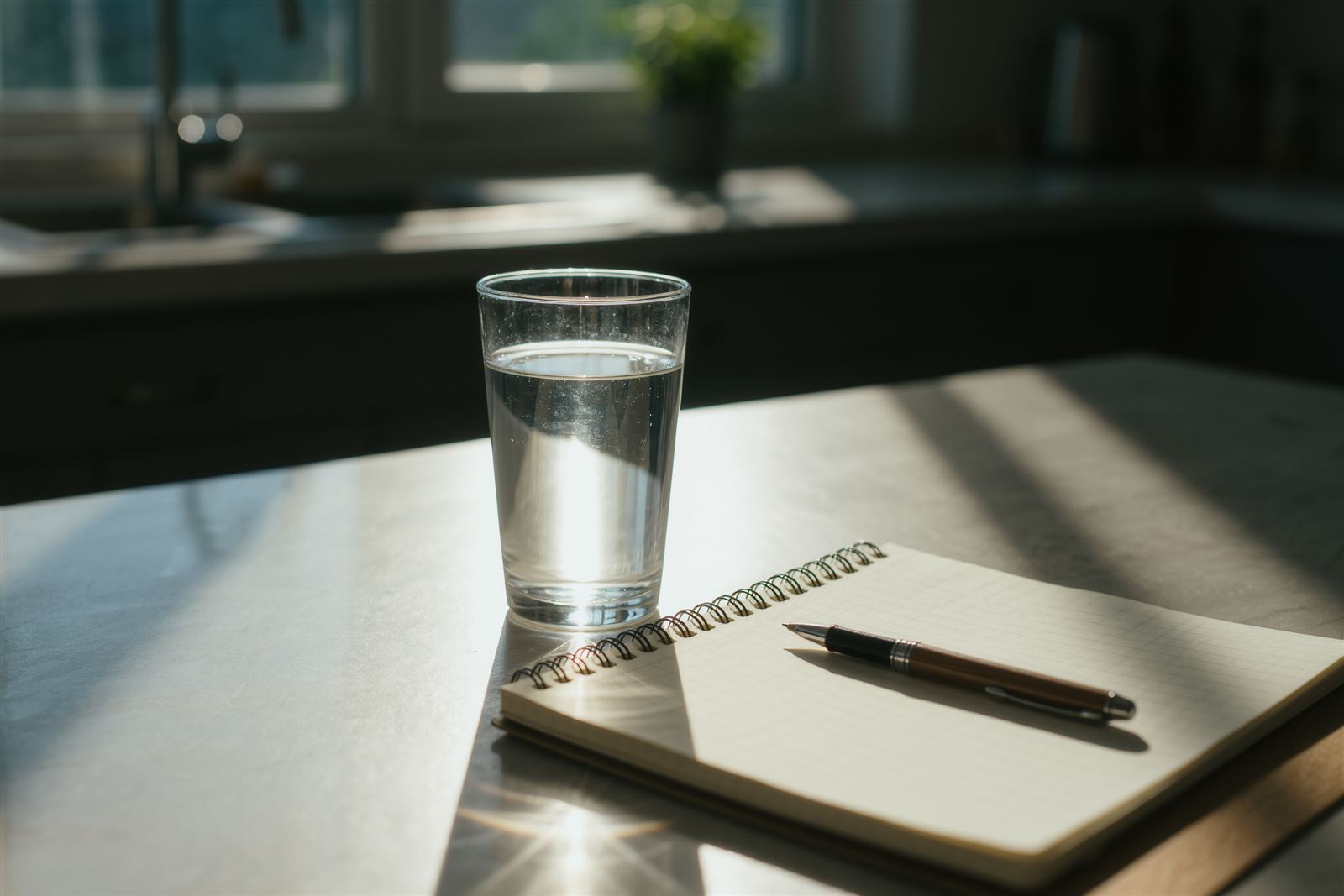 A glass of water and a spiral notebook with a pen on a kitchen counter in morning light