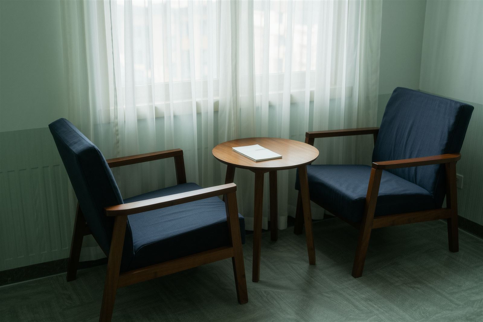 Two blue armchairs facing a small round table beside a window with sheer curtains