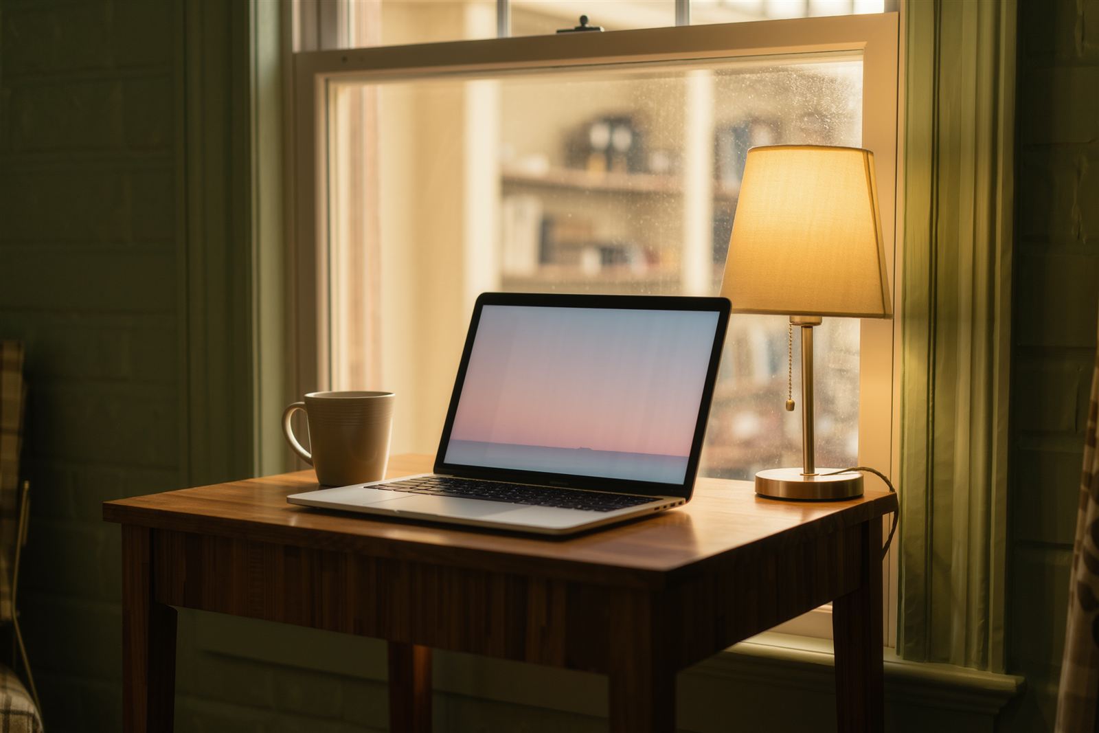 A laptop, a mug and a lamp on a small table by a window